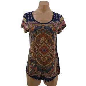 Lucky Brand Persian Mosaic Print T Shirt Top S Womens Scoop Neck Short Sleeve